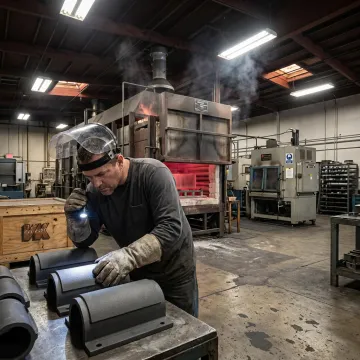 Technician inspecting coated industrial metal parts