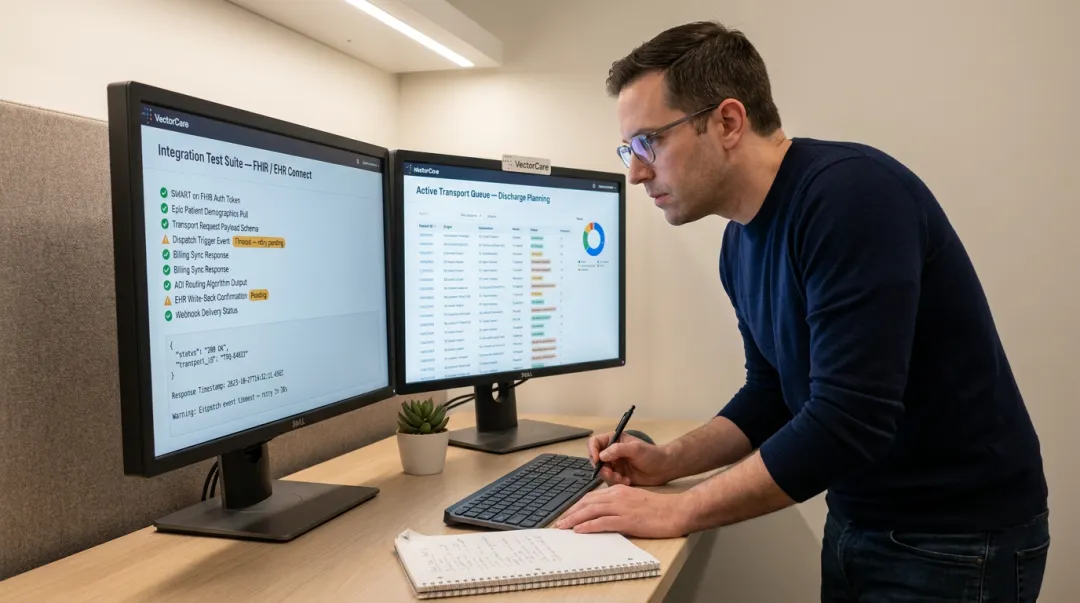 Clinical software developer reviewing sandbox test results on dual monitor workstation