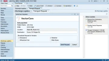 VectorCare Epic SMART on FHIR discharge logistics workflow embedded in patient chart