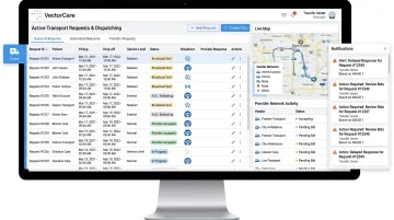 VectorCare automated dispatching intelligence dashboard showing transport request processing and provider broadcasts