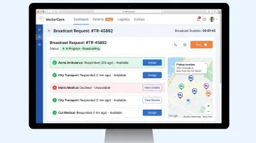 VectorCare transport coordination platform showing real-time provider broadcast and response dashboard