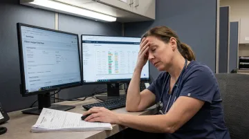 Exhausted healthcare clinician overwhelmed by administrative paperwork and EHR documentation tasks