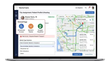 VectorCare dispatch dashboard showing clinical data integrated into vehicle routing decisions