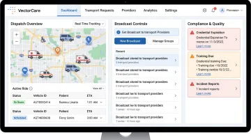 VectorCare patient logistics platform dashboard showing real-time transport dispatch interface