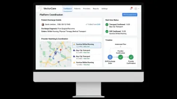 VectorCare platform EHR integration dashboard showing patient discharge coordination workflow