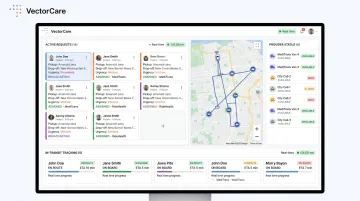 Automated patient logistics dispatching platform showing transport coordination and real-time tracking