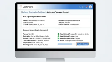 VectorCare SMART on FHIR Epic integration dashboard showing automated transport request workflow