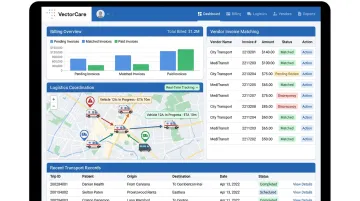 VectorCare HIPAA compliant billing dashboard showing transport invoicing interface