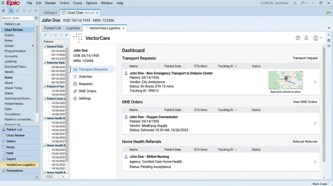 VectorCare SMART on FHIR Epic integration dashboard showing transport and referral workflow