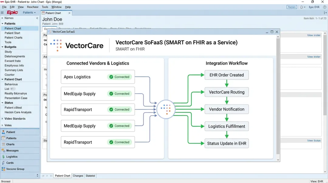 VectorCare SoFaaS SMART on FHIR platform interface showing EHR embedded application workflow
