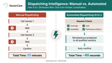 Manual versus automated vendor dispatching process speed comparison infographic 31 minutes to under 3 minutes