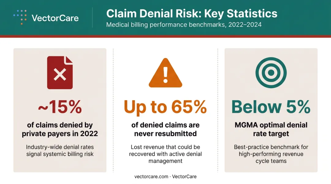 Healthcare claim denial statistics showing denial rates resubmission gaps and cost impact