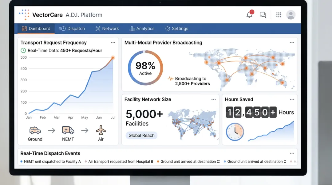 VectorCare Automated Dispatching Intelligence platform metrics dashboard showing transport coordination scale