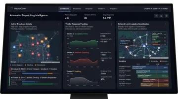 VectorCare automated dispatching intelligence platform dashboard displaying broadcast activity and vendor network metrics