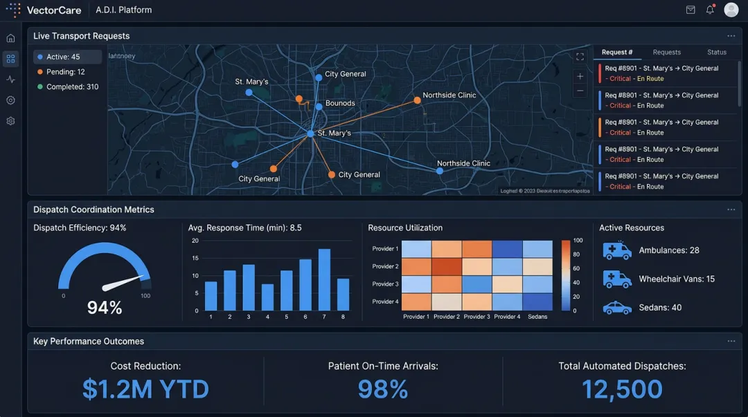 VectorCare Automated Dispatching Intelligence dashboard showing transport coordination metrics and savings