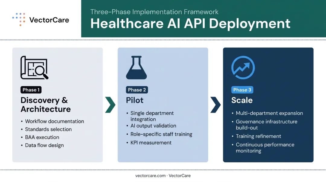 Three-phase healthcare AI API rollout process from discovery through pilot to scale
