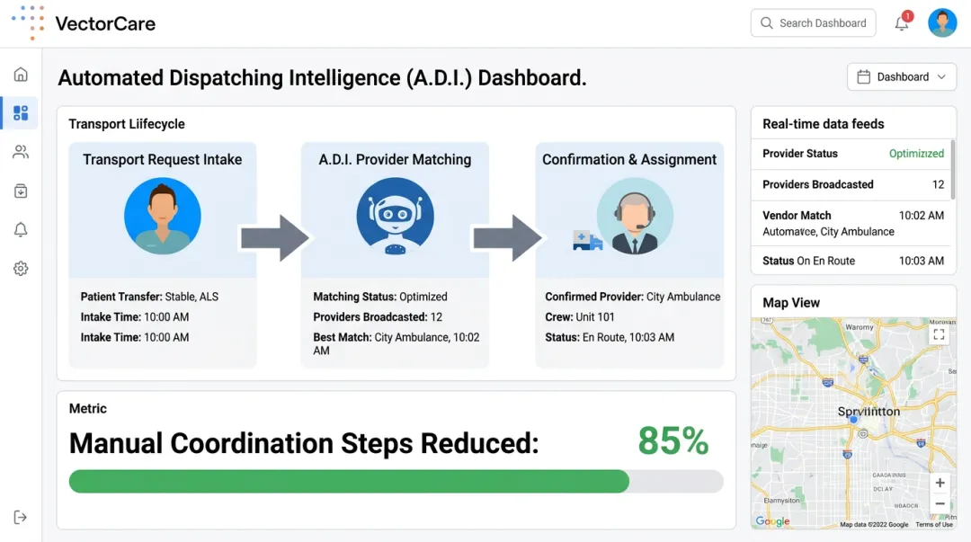 VectorCare Automated Dispatching Intelligence platform showing transport request coordination dashboard