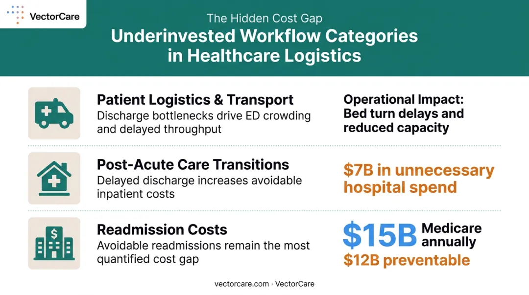 Underinvested healthcare workflow categories showing patient logistics costs and readmission penalties