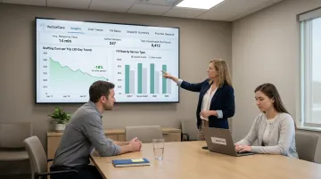Healthcare operations team reviewing workforce scheduling cost savings data on large screen