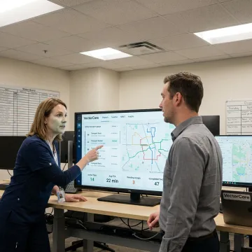Healthcare team coordinating medical transportation on a digital logistics platform