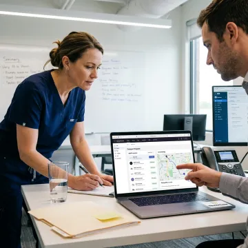 Medical transport scheduling workflow on a healthcare logistics dashboard