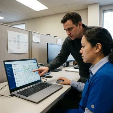 Healthcare team coordinating home care logistics on a digital platform