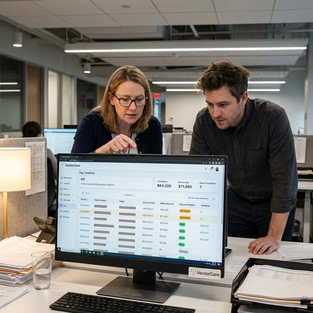 Healthcare billing team reviewing NEMT invoices on dashboard