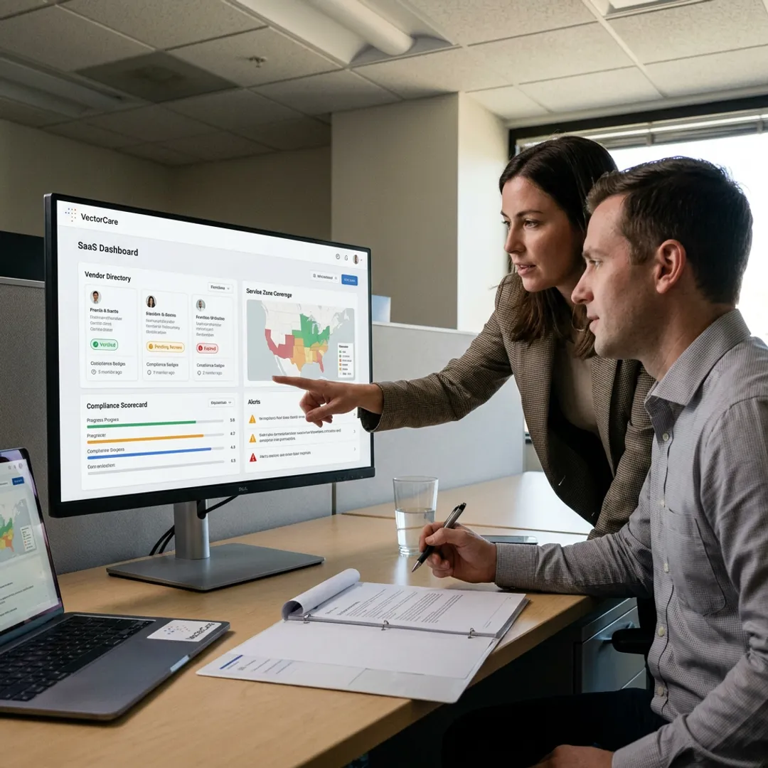 Healthcare team reviewing vendor credentialing dashboard