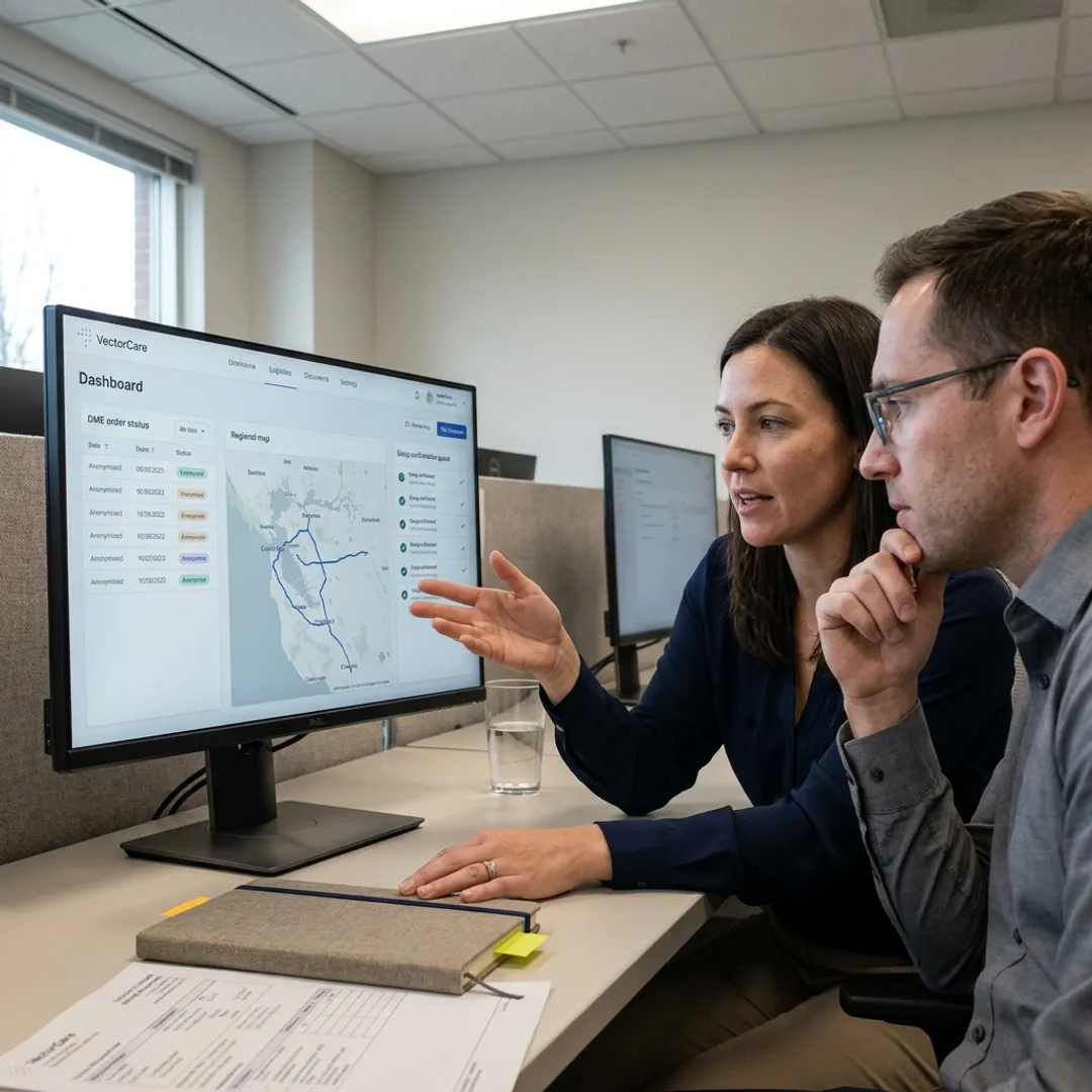 Healthcare team reviewing DME workflow dashboard