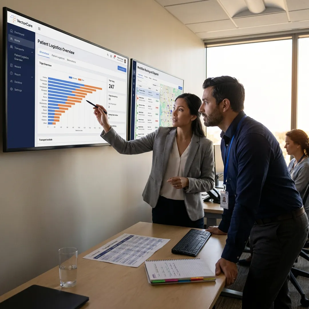 Healthcare team reviewing patient logistics analytics