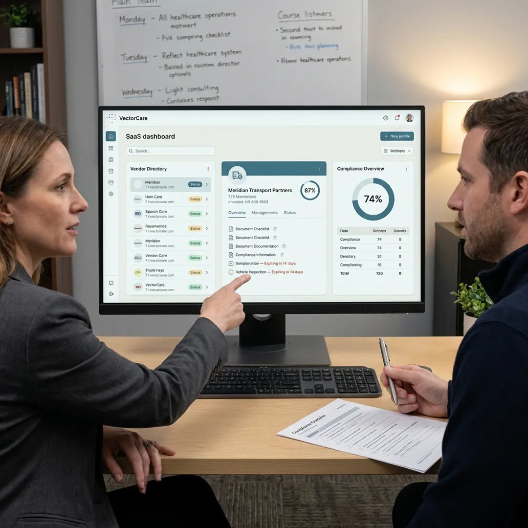 Healthcare operations team reviewing vendor credentialing workflow