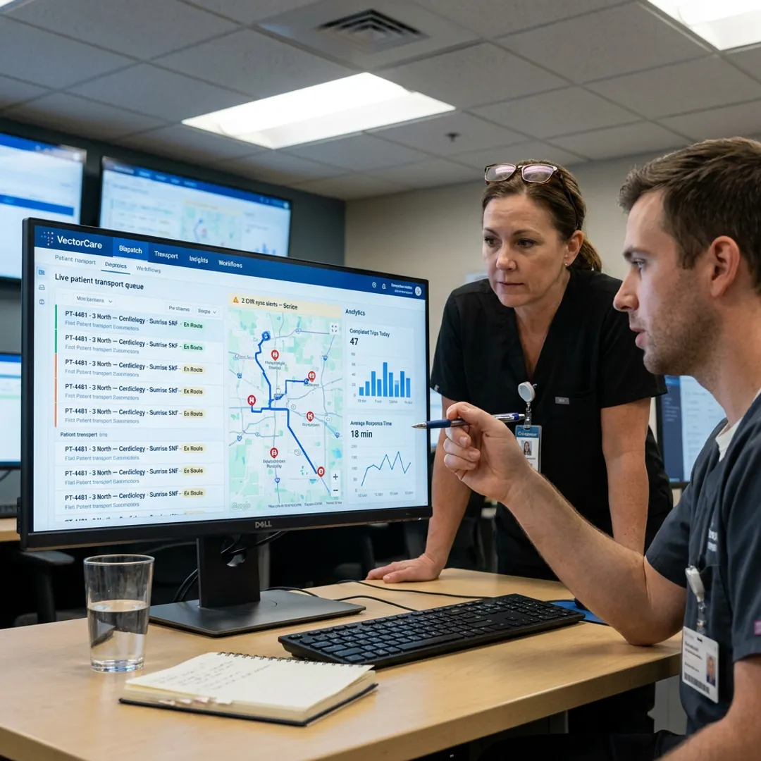 Healthcare team coordinating patient logistics software