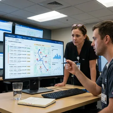 Healthcare team coordinating patient logistics software