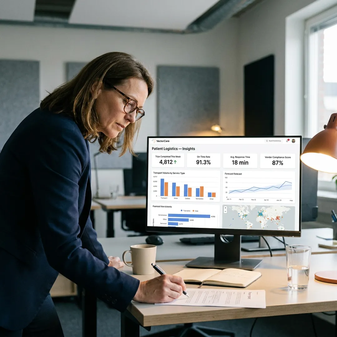 Healthcare logistics BI dashboard on workstation