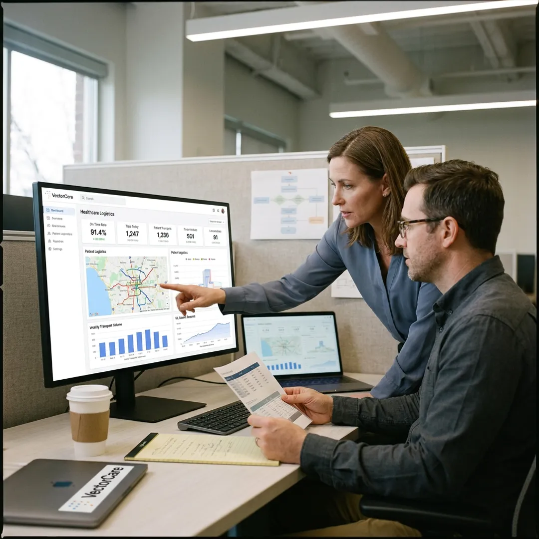 Healthcare team reviewing logistics analytics dashboard