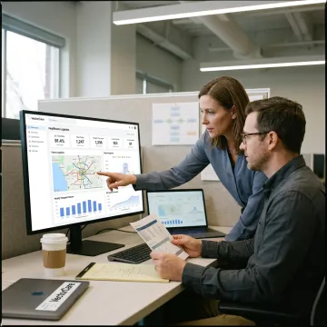 Healthcare team reviewing logistics analytics dashboard