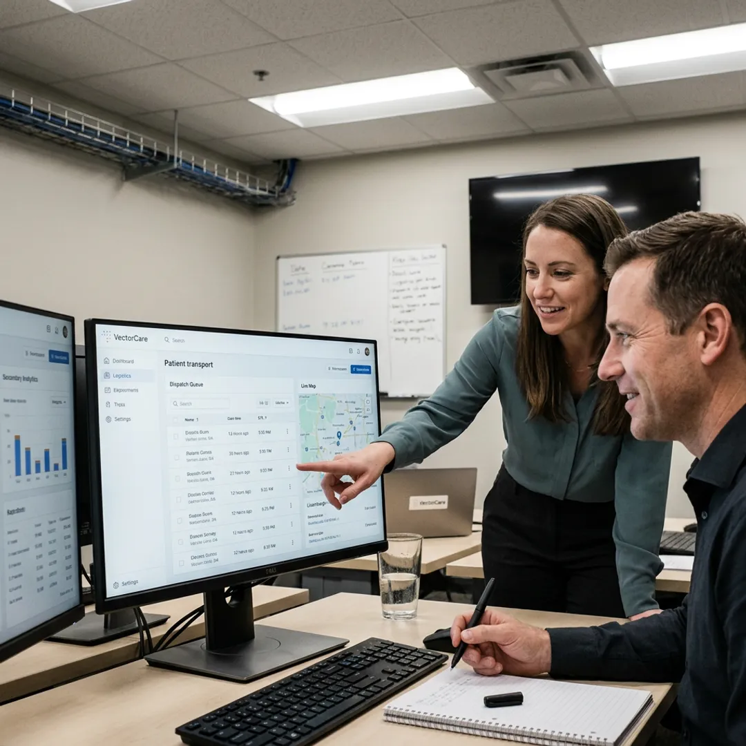 Healthcare operations team reviewing patient transport dashboard