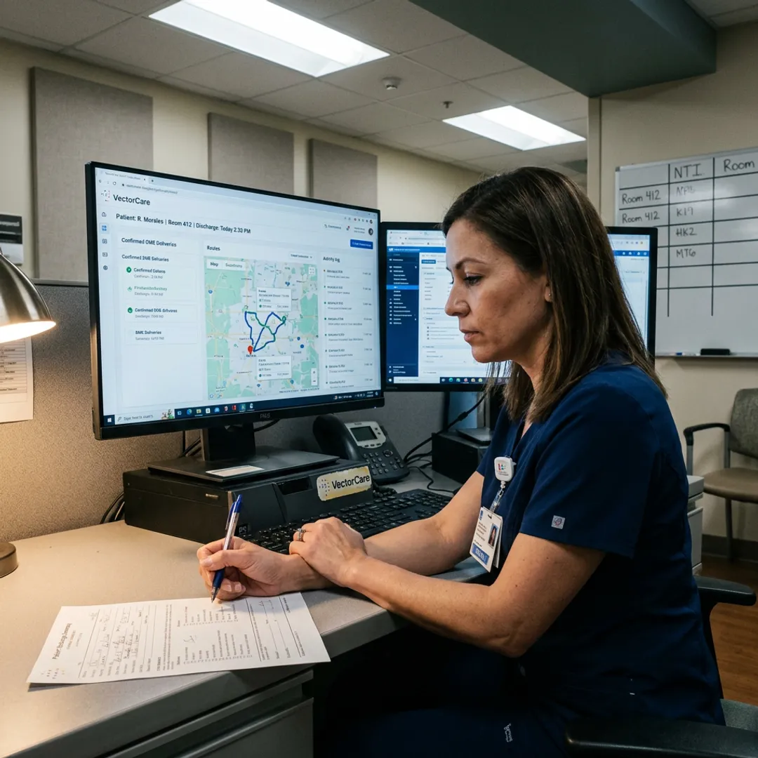Case manager coordinating DME delivery in healthcare software