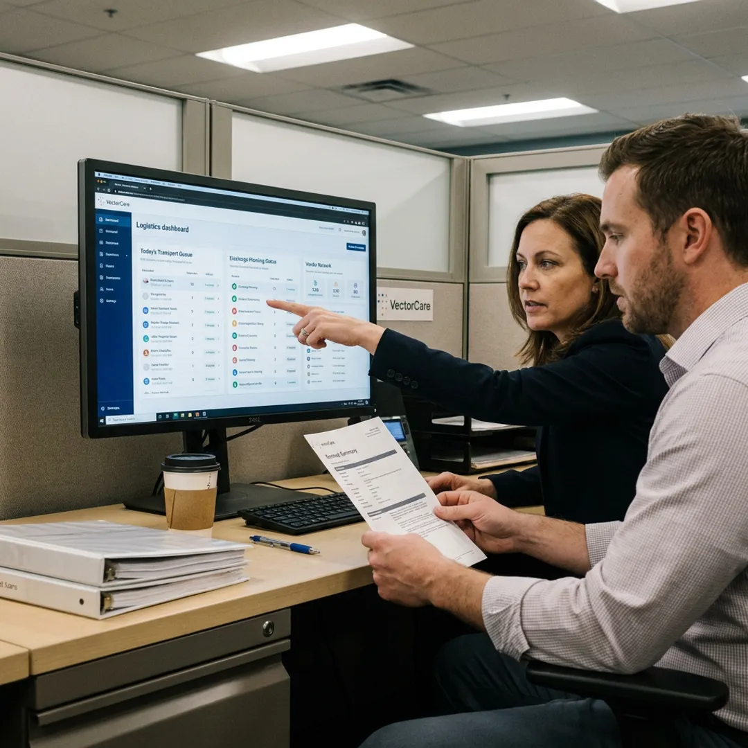 Healthcare operations team reviewing patient logistics workflow