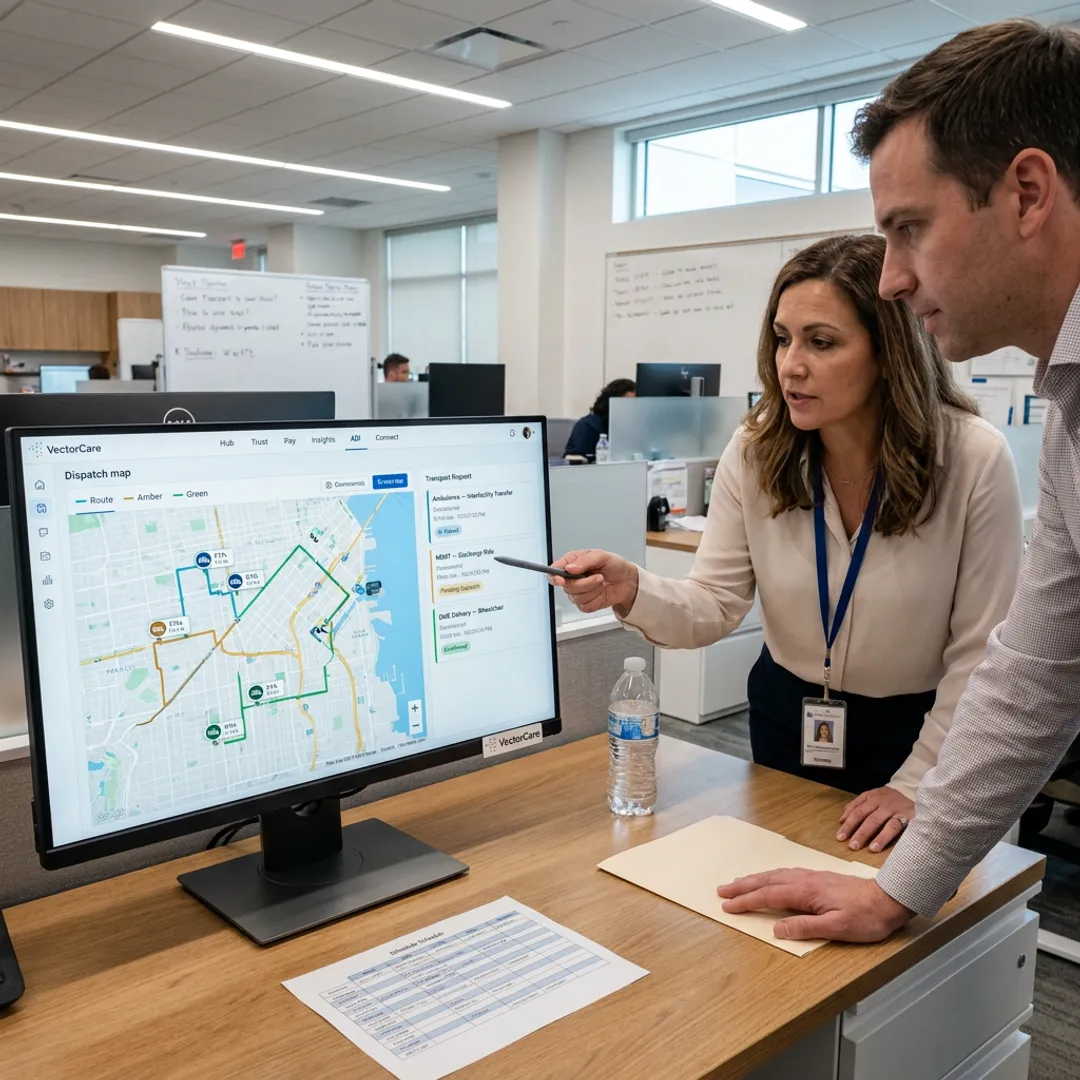 Care team coordinating patient logistics on a digital platform