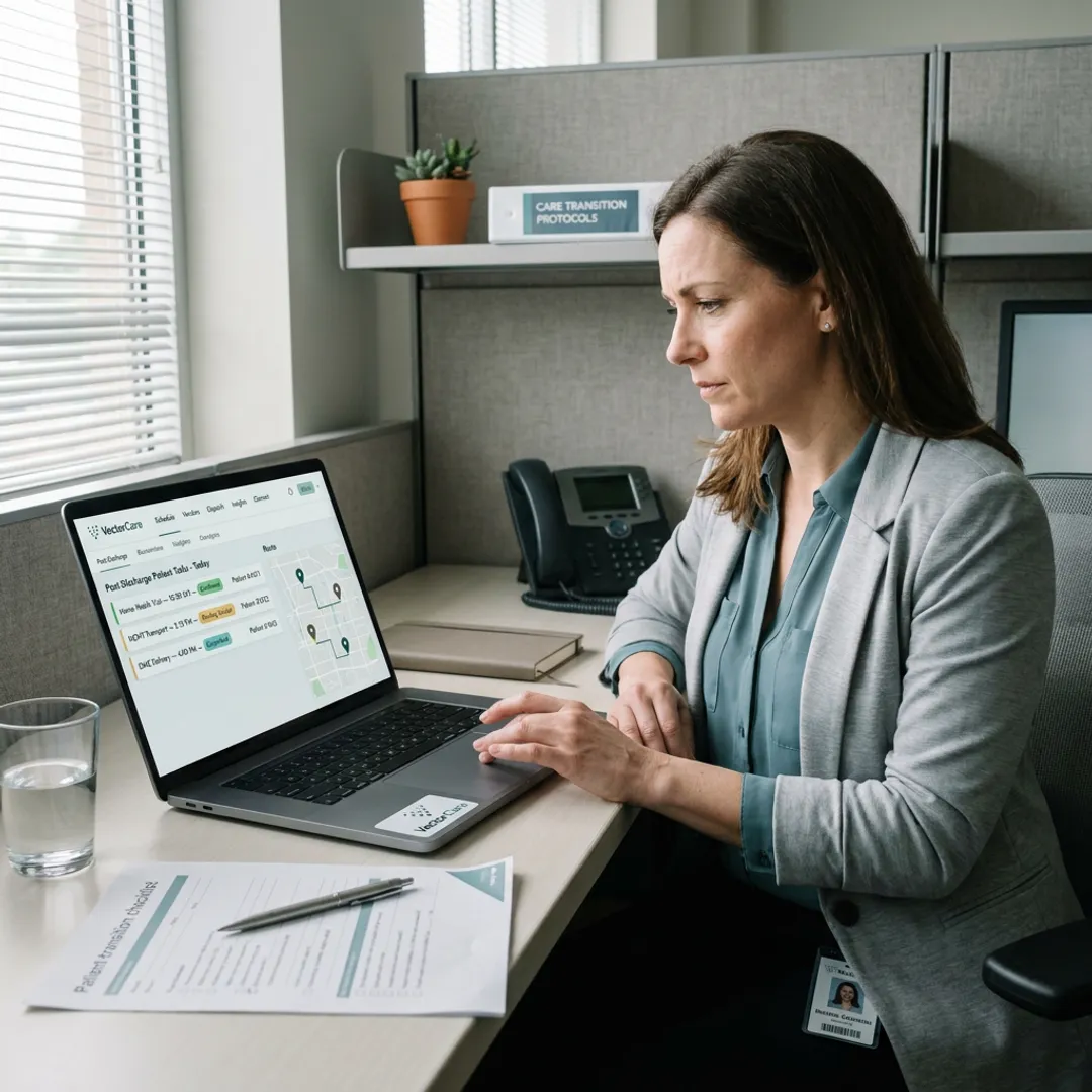 Care coordinator managing home health logistics workflow