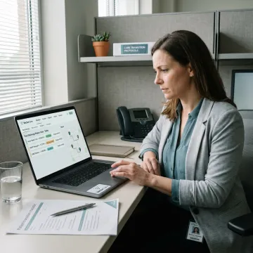 Care coordinator managing home health logistics workflow