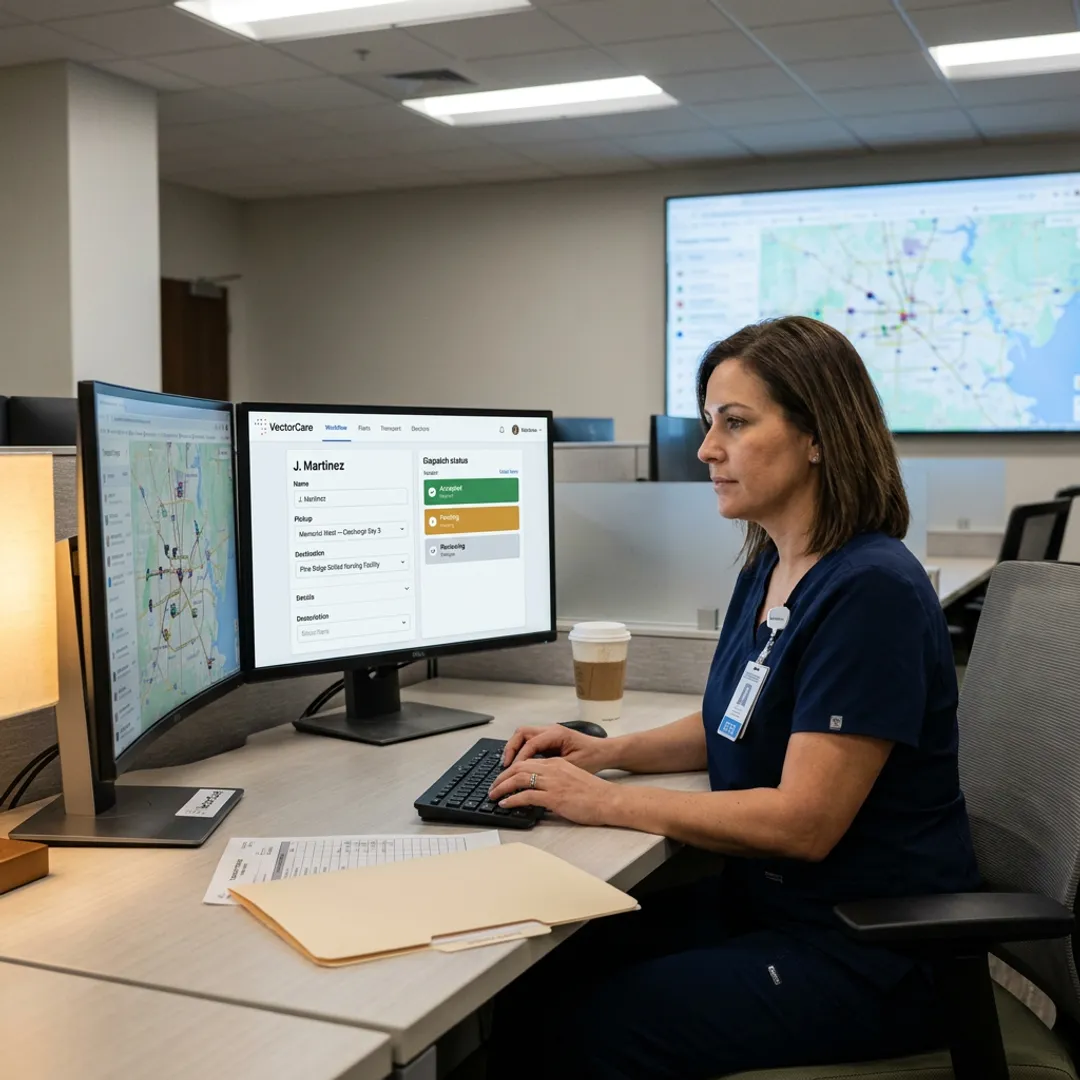 Hospital coordinator managing patient transport workflow