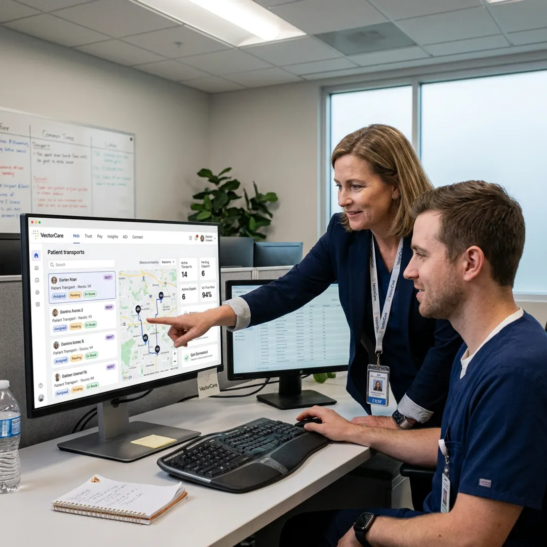 Healthcare team coordinating patient transport workflow