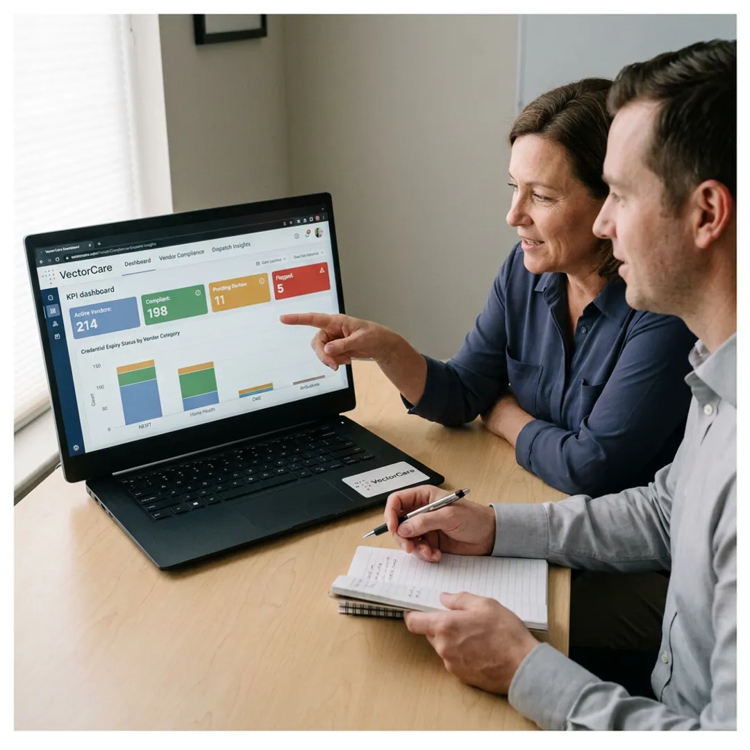 Healthcare operations team reviewing compliance dashboard