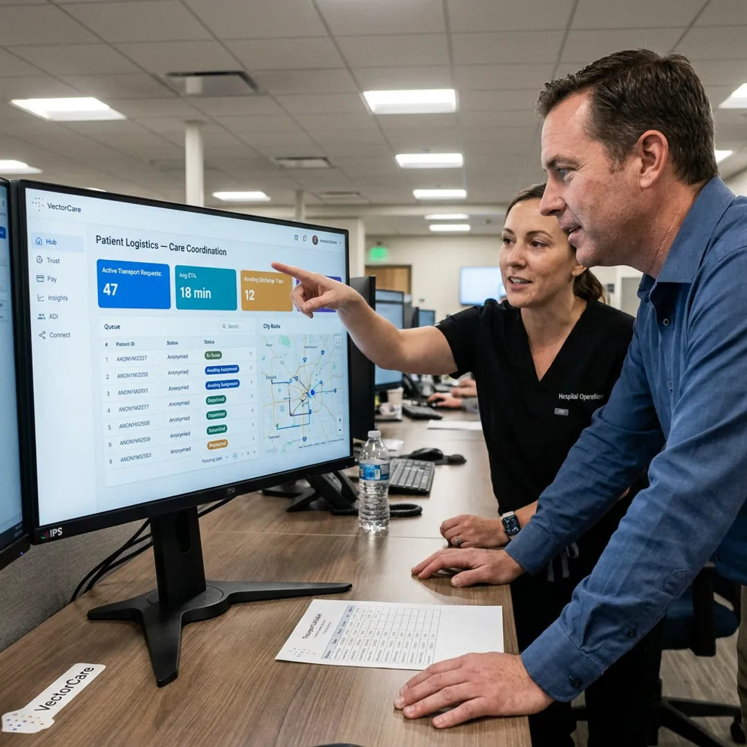 Hospital team coordinating patient logistics on a platform