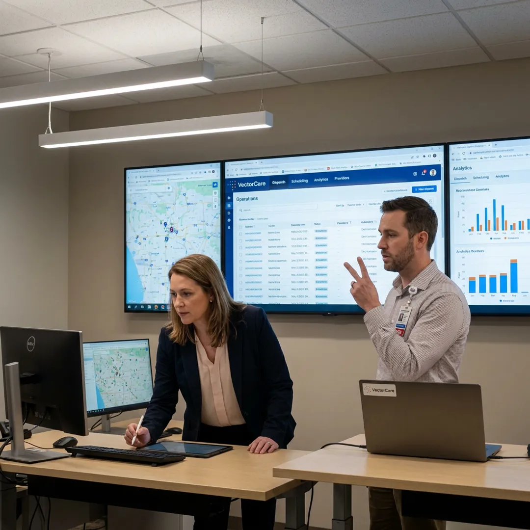 Healthcare team using patient logistics software dashboard