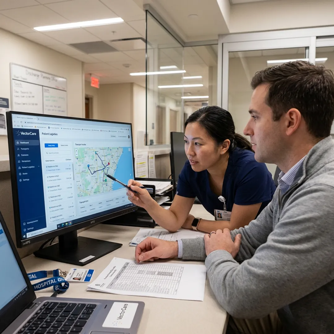 Hospital care team using patient logistics software