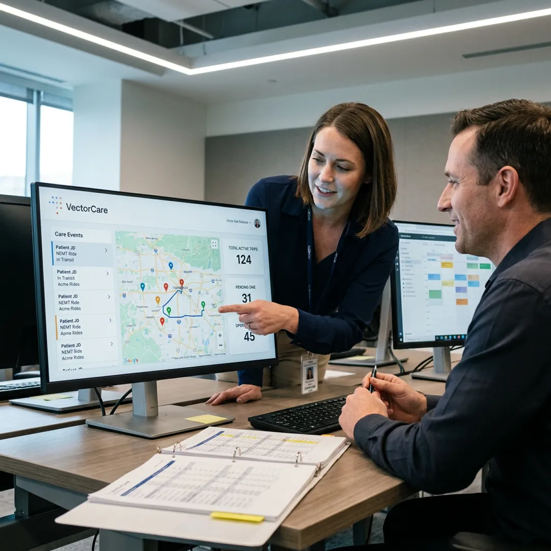 Healthcare logistics workflow dashboard coordinating home care services