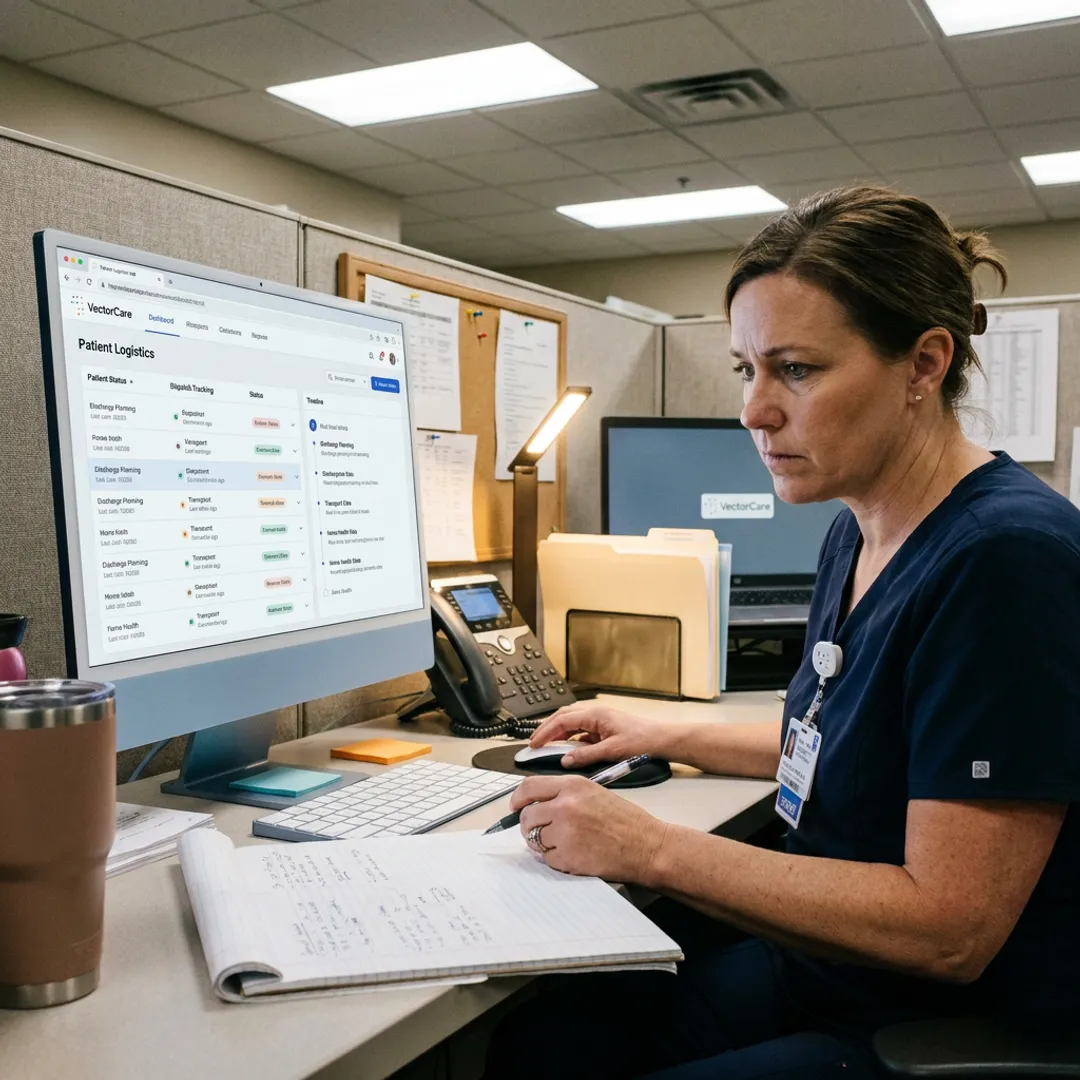 Hospital team coordinating home health discharge workflow
